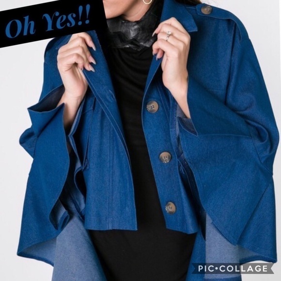 Cascade Ruffle Sleeve Crop Denim Jacket - Picture 1 of 4